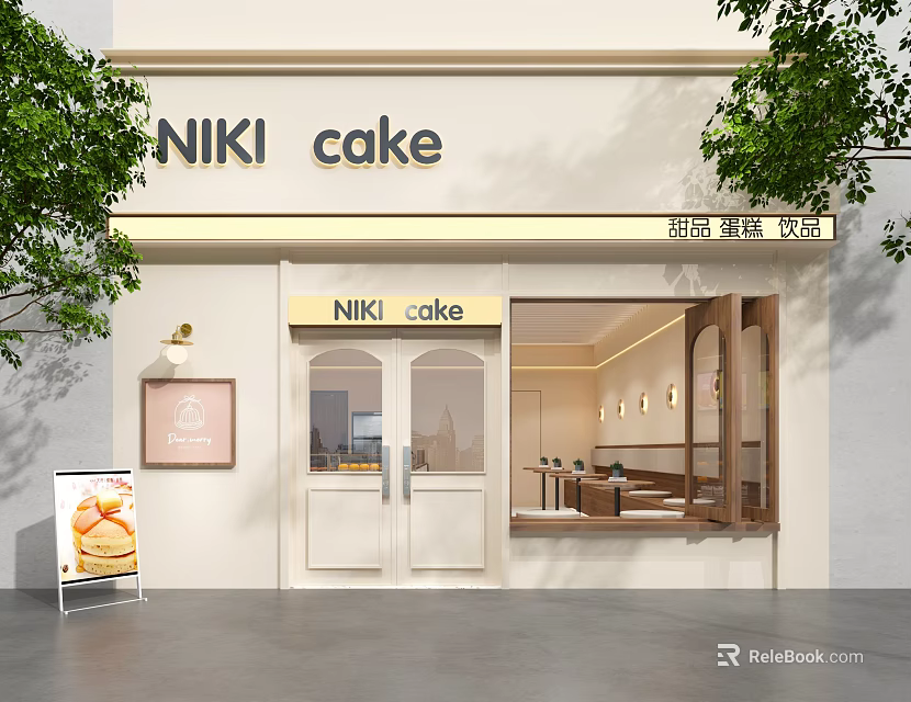 NIKI Cake Modern White Storefront With Glass Doors And Cake Display Signboard 3d model 
