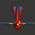 Colorful Red Parrot With Blue And Yellow Spread Wings Standing With Reflection On Dark Surface