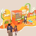 Children Playing In Trendy Play Area With Golden Egg Claw Machine And Flower Decorations