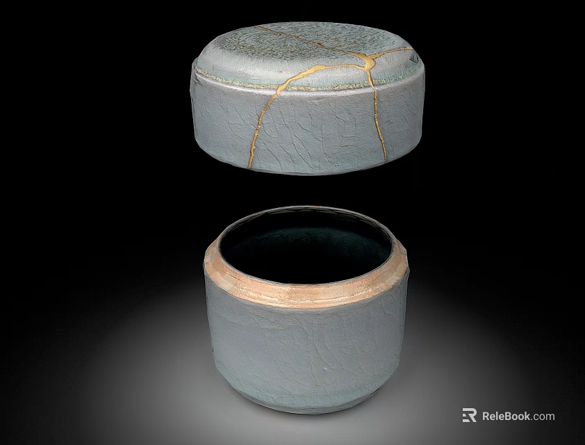 Handcrafted Ceramic Vessel with Golden Cracked Lid Open Design Revealing Dark Interior 3d model 
