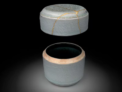 Handcrafted Ceramic Vessel with Golden Cracked Lid Open Design Revealing Dark Interior 3d model