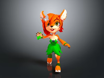 Orange Fox Game Movie Character With Red Hair White Ears Green Dress And White Paws 3d model