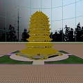 Traditional Chinese Multi tiered Tower With Red Gold Decor Surrounded By Mountains And Gardens