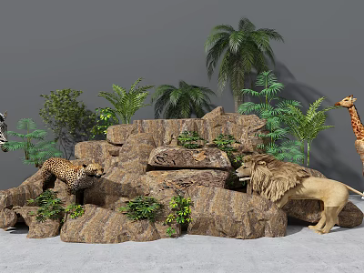 Garden Ornamental Scene With Rocks Green Plants Palm Trees Ferns Animal Figures Lion Cheetah Giraffe 3d model