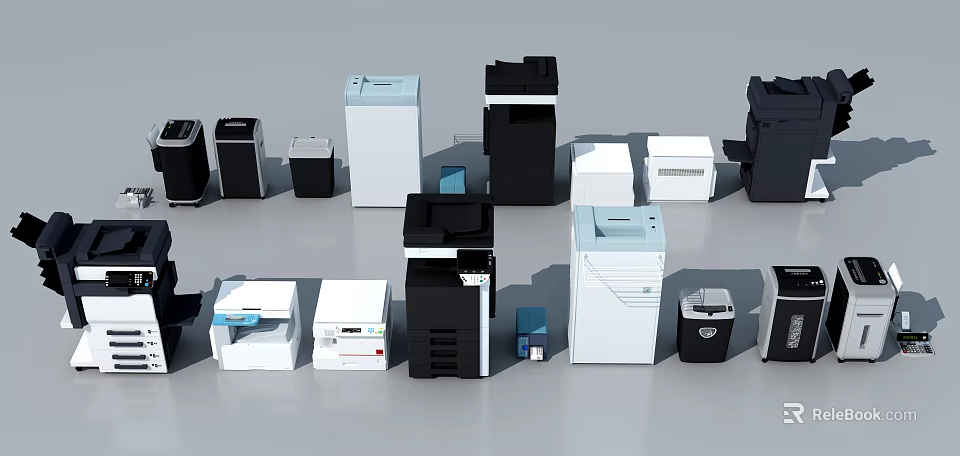 Various Modern Office Appliances Including Printers Shredders And Copiers On 3d model