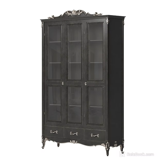 Elegant Black Bookcase With Glass Doors Drawers And Metal Accents Design 3d model 