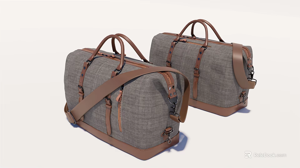 Gray Fabric Duffel Bags With Brown Leather Handles And Shoulder Straps Design 3d model 