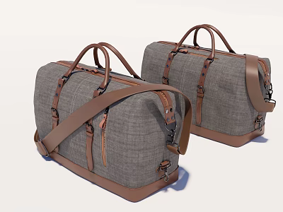 Gray Fabric Duffel Bags With Brown Leather Handles And Shoulder Straps Design 3d model