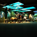 Interactive Museum Exhibit Area With Hanging Pterosaur Models Dinosaur Murals And Soft Lighting 3d model