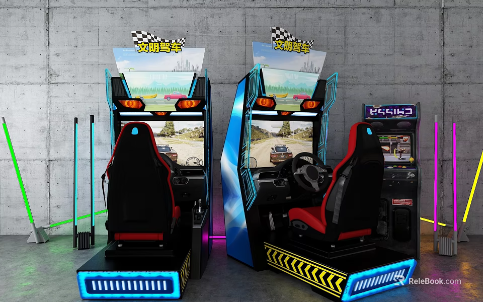 Dual Racing Arcade Entertainment Machines With Steering Wheels Seats And Racing Game Screens 3d model 