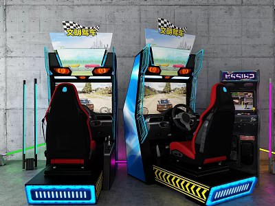 Dual Racing Arcade Entertainment Machines With Steering Wheels Seats And Racing Game Screens 3d model