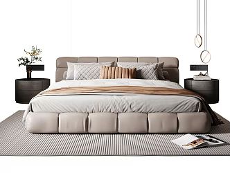 Modern Italian Double Bed Leather Double Bedside Cabinet Chandelier Carpet 3d model