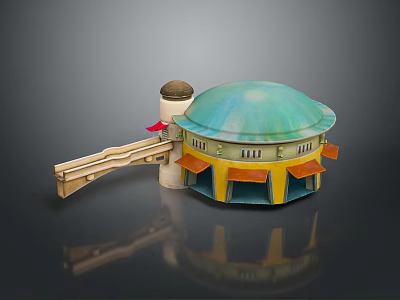 Ancient Scene With Dome Building Yellow Base Orange Canopies Tower And Connecting Walkway 3d model