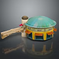 Ancient Scene With Dome Building Yellow Base Orange Canopies Tower And Connecting Walkway