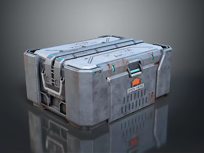 Gray Metal Toolbox with Multiple Latches Handles Orange Logo and Ventilation Holes on Reflective Surface 3d model