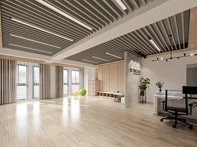 Spacious Modern Fitness Space With Wooden Floor And Floor to Ceiling Windows For Workout 3d model
