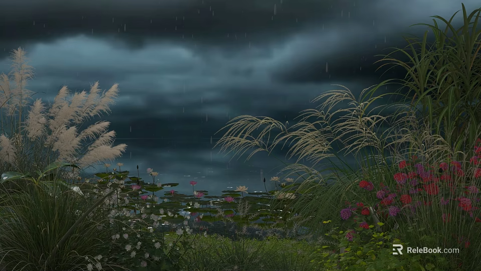 Stormy Outdoor Scene With Dark Clouds Rainy Sky Grass Flowers And Reeds 3d model 