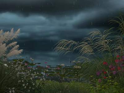 Stormy Outdoor Scene With Dark Clouds Rainy Sky Grass Flowers And Reeds 3d model