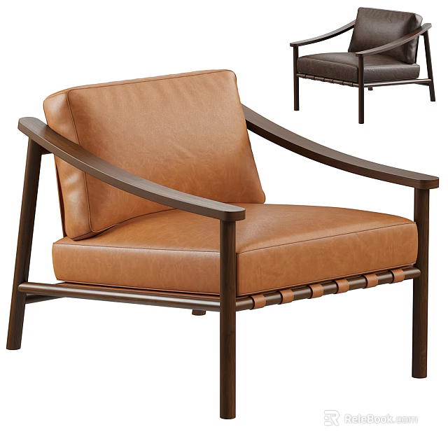 Modern Brown Leather Accent Chair With Wooden Armrest And Sturdy Frame Design 3d model 