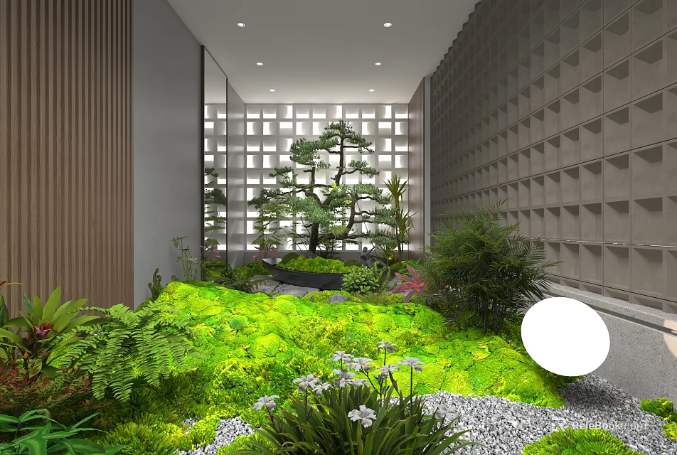 Indoor Miniature Garden With Lush Greenery Moss Bonsai Pine White Flowers And Gravel 3d model 