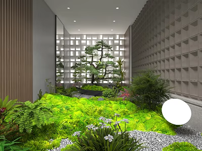 Indoor Miniature Garden With Lush Greenery Moss Bonsai Pine White Flowers And Gravel 3d model
