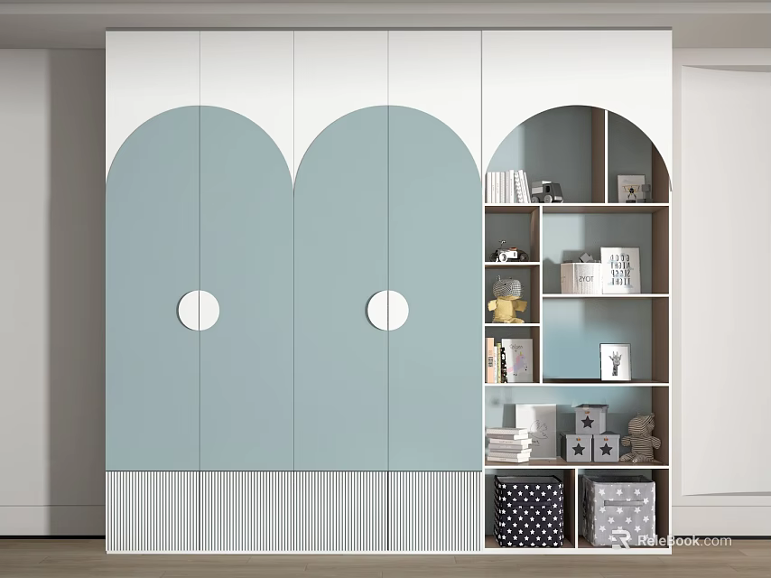 Modern Minimalist Wardrobe With Light Blue Arched Doors Round Decorations And Open Storage Shelves 3d model 