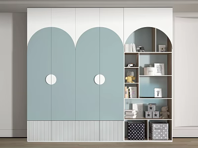 Modern Minimalist Wardrobe With Light Blue Arched Doors Round Decorations And Open Storage Shelves 3d model