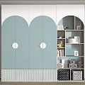 Modern Minimalist Wardrobe With Light Blue Arched Doors Round Decorations And Open Storage Shelves