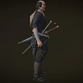 Game Movie Character In Traditional Blue Robe With Waist Belt And Leg Wraps