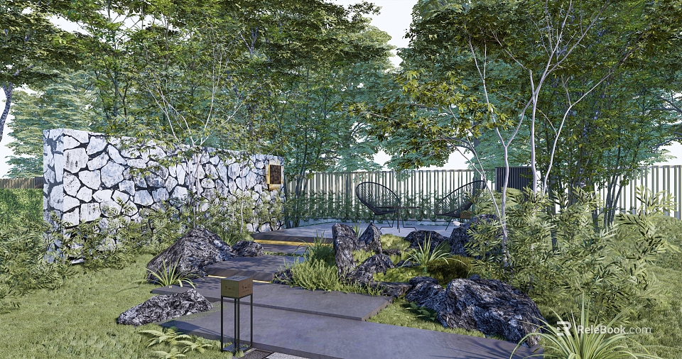 Tranquil Residential Landscape With Lush Trees Stone Wall Stone Path Black Chairs And Greenery Rocks 3d model 
