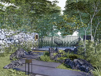 Tranquil Residential Landscape With Lush Trees Stone Wall Stone Path Black Chairs And Greenery Rocks 3d model
