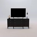 Black TV Stand With Drawers And Television And Decorative Ornaments