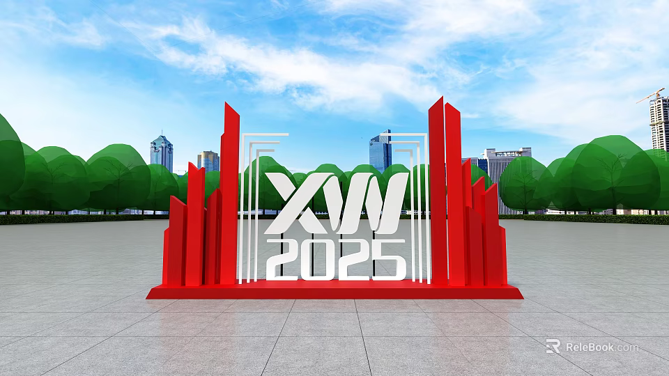 Photo Check In Spot With Red Structure XW 2025 City Skyline Green Trees Blue Sky 3d model 