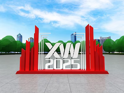Photo Check In Spot With Red Structure XW 2025 City Skyline Green Trees Blue Sky 3d model