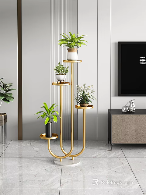 Golden Multi Tiered Plant Stand With Green Potted Plants For Indoor Garden Decor 3d model 