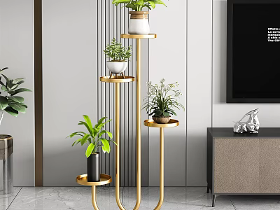 Golden Multi Tiered Plant Stand With Green Potted Plants For Indoor Garden Decor 3d model