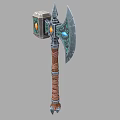 Fantasy Battle Axe Weapon With Wooden Handle And Colorful Gemstone Inlays