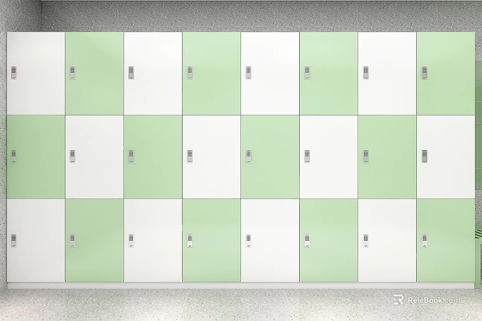 Green And White Storage Lockers Arranged In Rows For Organized Storage 3d model 