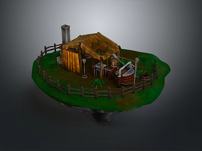 3D Model of Small Wooden House with Fence Grassland Chimney and Barrel 3d model