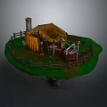 3D Model of Small Wooden House with Fence Grassland Chimney and Barrel