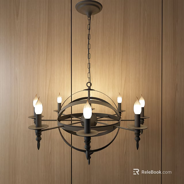 Iron Chandelier With Multiple Arms And Candle Shaped Bulbs Hanging Against Wooden Wall 3d model 