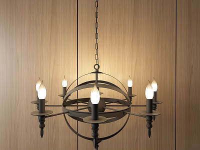 Iron Chandelier With Multiple Arms And Candle Shaped Bulbs Hanging Against Wooden Wall 3d model