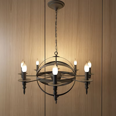 Iron Chandelier With Multiple Arms And Candle Shaped Bulbs Hanging Against Wooden Wall 3d model