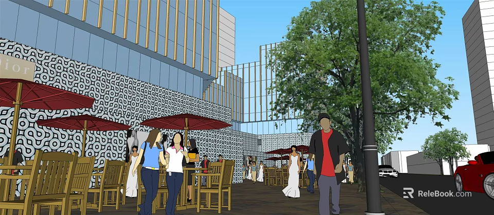 Vibrant Commercial Street With Outdoor Seating Red Umbrellas Modern Buildings And Trees 3d model 