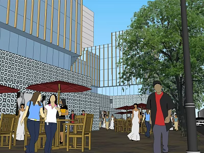 Vibrant Commercial Street With Outdoor Seating Red Umbrellas Modern Buildings And Trees 3d model