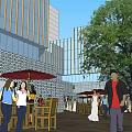 Vibrant Commercial Street With Outdoor Seating Red Umbrellas Modern Buildings And Trees