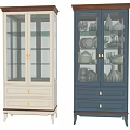 Light Beige And Blue Wooden Display Cabinets With Glass Doors And Drawers For Dishes