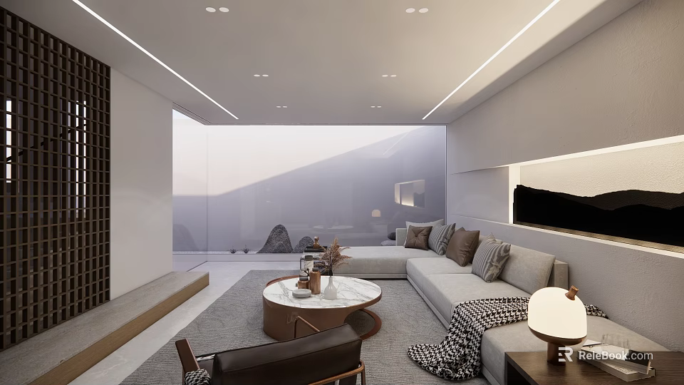 Modern Entertainment Room Interior With L shaped Sofa And Marble Coffee Table 3d model 