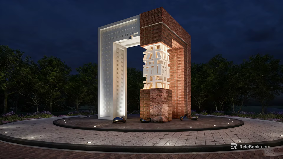 Modern Landscape Sculpture With Red Brick White Arch Intricate Cutout Design Nighttime Lighting Surrounding Trees 3d model 