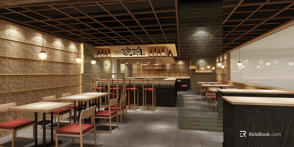 Japanese Yakiniku Restaurant Interior With Wooden Ceiling Brick Walls Pendant Lights And Red Seat Tables 3d model 